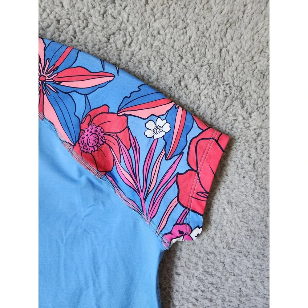 Vineyard Vines Rash Guard Girls L 14 Blue Floral Raglan Whale Logo Swim Shirt
